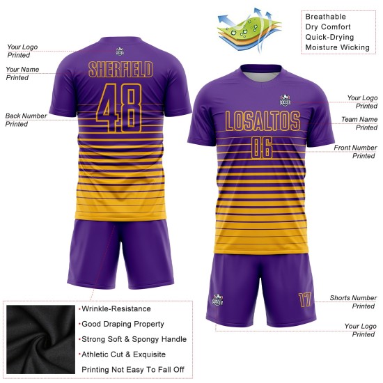 Fade Purple Fashion Soccer Jersey Gold Uniform Pinstripe Sublimation Custom