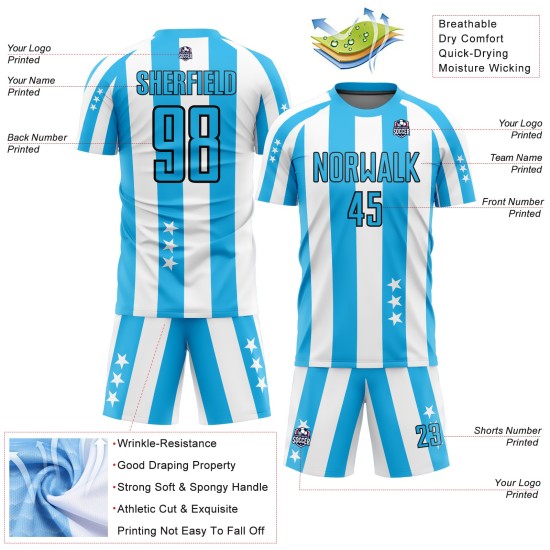 And Jersey White Sky Uniform Squares Soccer Custom Blue-Black Stars Sublimation
