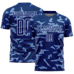 White Shapes Sublimation Custom Jersey Royal Geometric Uniform Soccer White Shapes Sublimation Custom Jersey Royal Geometric Uniform Soccer