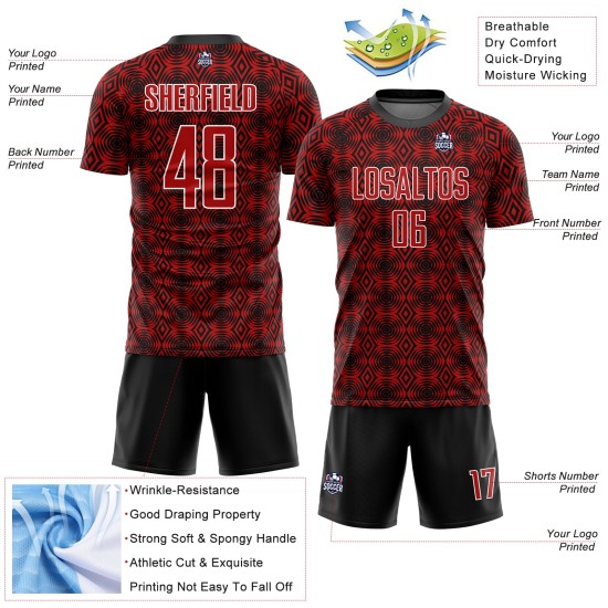 Red Uniform Jersey Custom Soccer Black-White Shapes Sublimation Geometric Red Uniform Jersey Custom Soccer Black-White Shapes Sublimation Geometric
