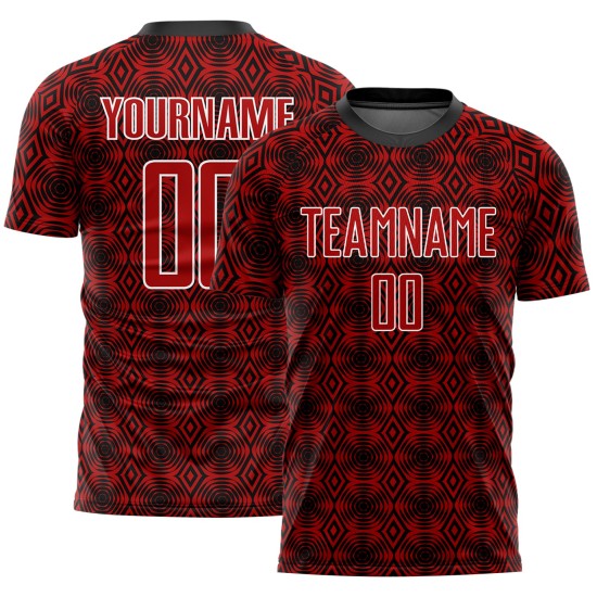 Red Uniform Jersey Custom Soccer Black-White Shapes Sublimation Geometric Red Uniform Jersey Custom Soccer Black-White Shapes Sublimation Geometric