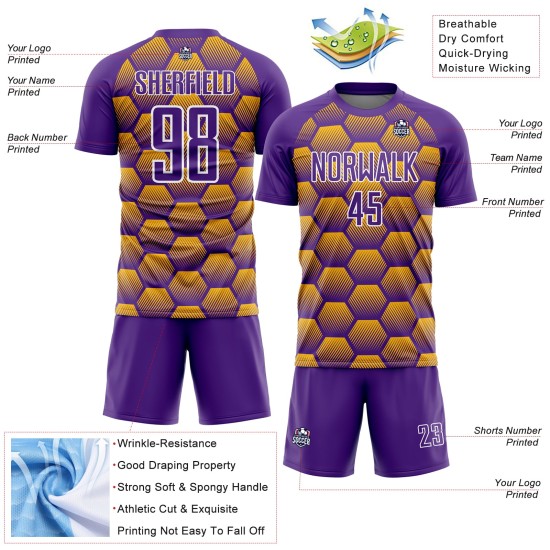 Pattern Gold-White Custom Jersey Purple Sublimation Uniform Hexagons Soccer Pattern Gold-White Custom Jersey Purple Sublimation Uniform Hexagons Soccer
