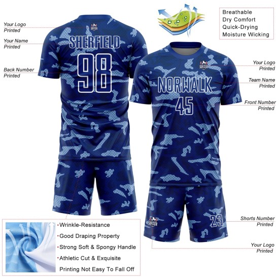 White Shapes Sublimation Custom Jersey Royal Geometric Uniform Soccer White Shapes Sublimation Custom Jersey Royal Geometric Uniform Soccer