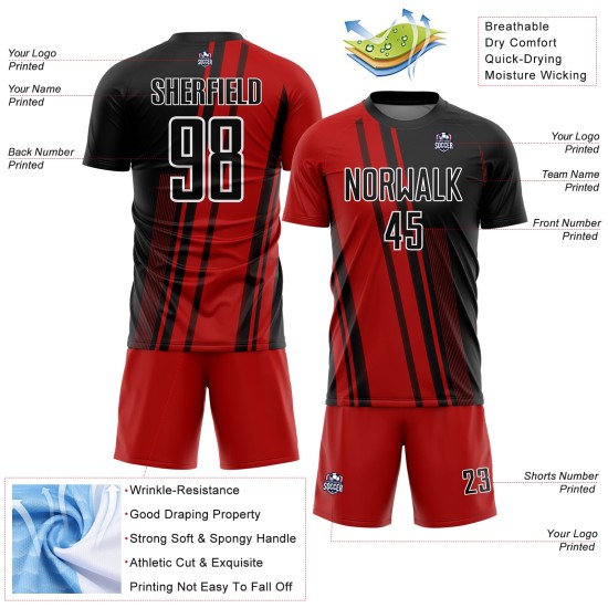Black-White Soccer Custom Uniform Red Jersey Lines Sublimation
