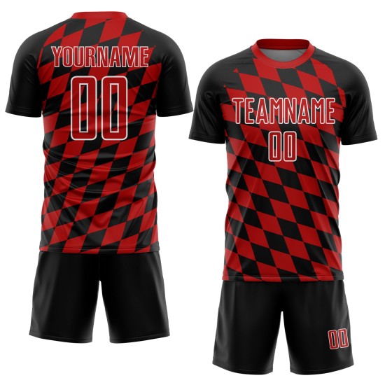 Black Print Soccer Custom Rhombus Sublimation Red-White Uniform Jersey Black Print Soccer Custom Rhombus Sublimation Red-White Uniform Jersey