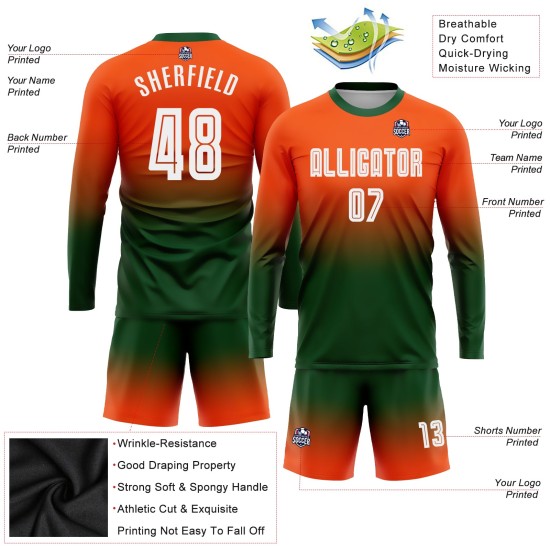 Soccer Orange Sleeve Fade Long Uniform Fashion Jersey White-Green Sublimation Custom Soccer Orange Sleeve Fade Long Uniform Fashion Jersey White-Green Sublimation Custom